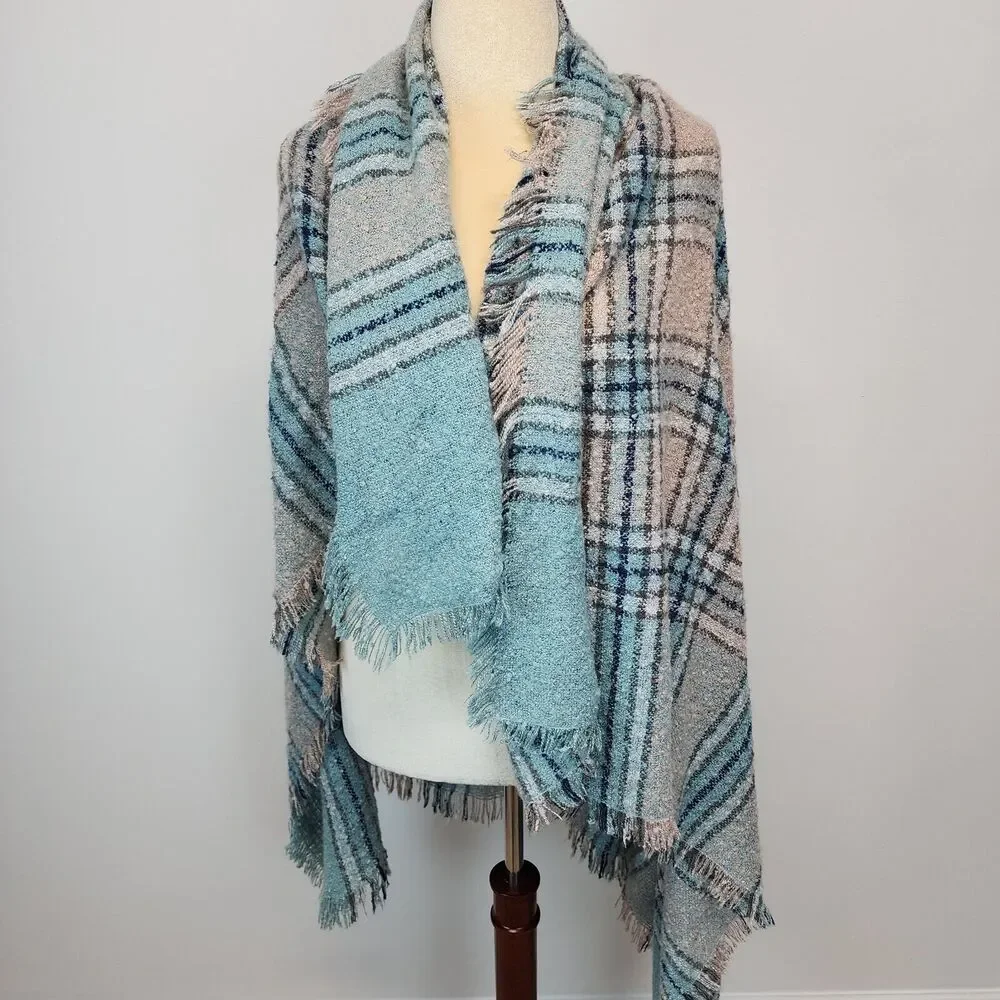 Simply Southern Chunky Knit Plaid Scarf Shawl Wrap Blue Pink Oversized 55x55